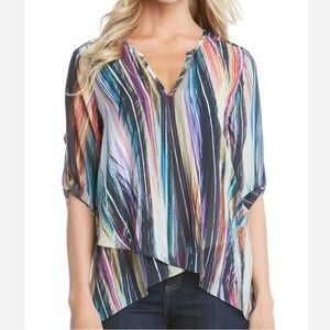 Karen Kane Multicolored Sheer Asymmetrical Hi-Lo Hem V-Neck Roll Tab Sleeve Top